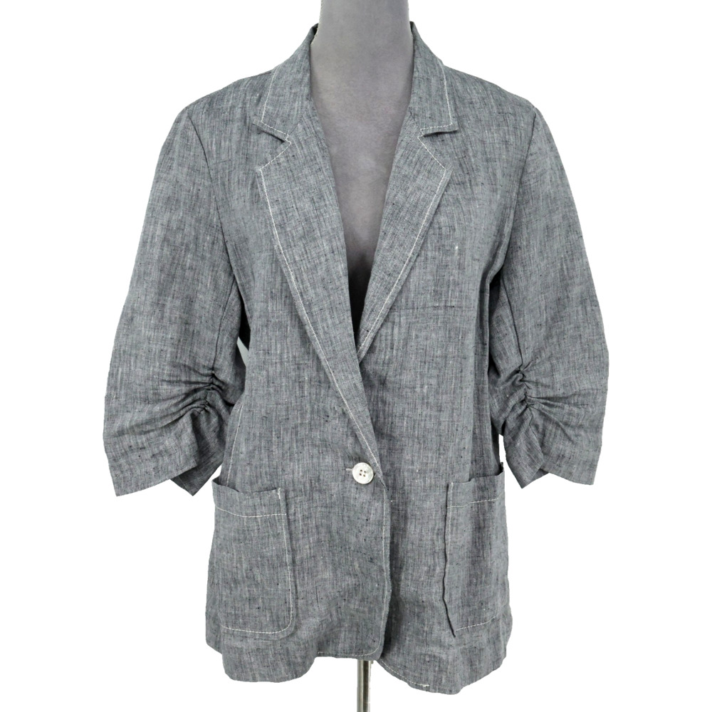 Karen Kane Jacket Womens Large Gray Linen Blazer Ruched Sleeves Pockets Beach